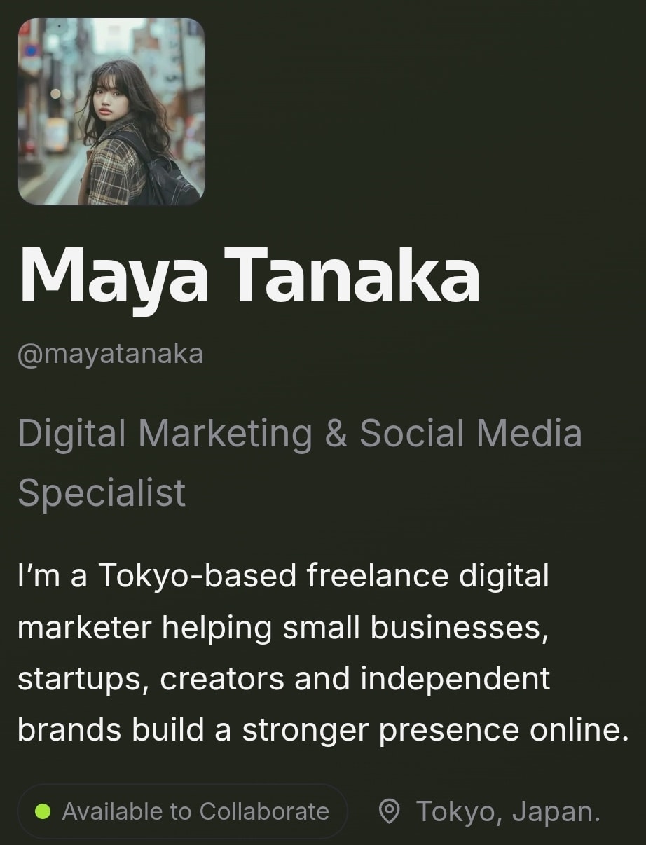 A profile hero with a photo, name, role, bio, availability and location